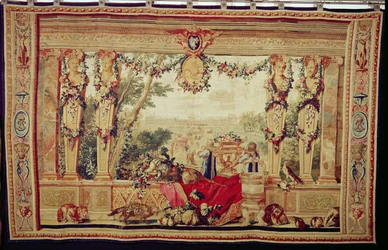 Miesiąc październik Zamek Tuileries, z serii gobelinów "Miesiące lub rezydencje królewskie", wyprodukowanych w pracowni Gobelinów dla Ludwika XIV (gobelin)